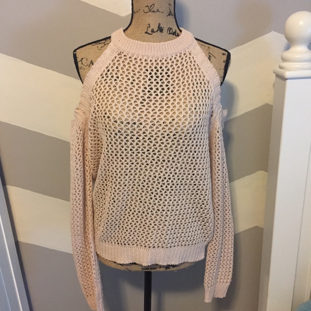 Fishnet cold shoulder sweater